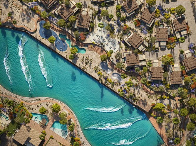 Aerial view of Cabo Real Surf Club's Endless Surf wave lagoon with luxury residential villas and perfect artificial waves for surfing