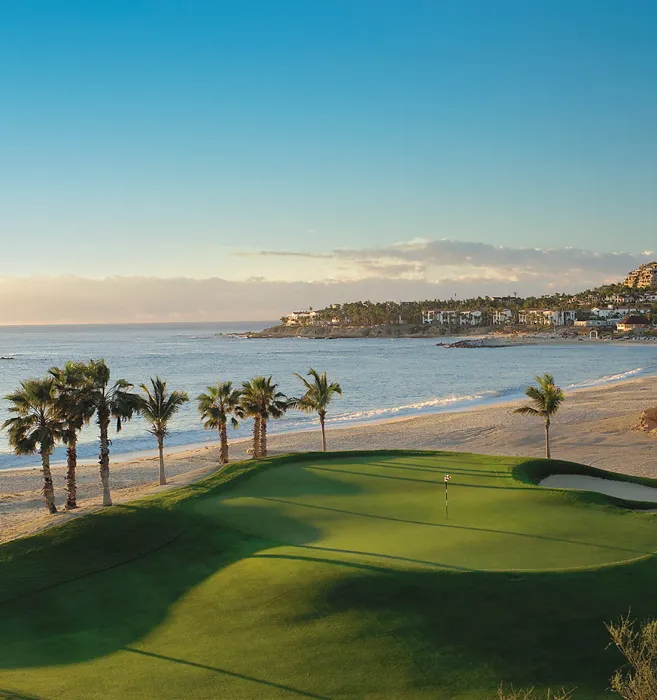 Spectacular beachfront golf green with palm trees and turquoise ocean waters at Palmilla Golf Club